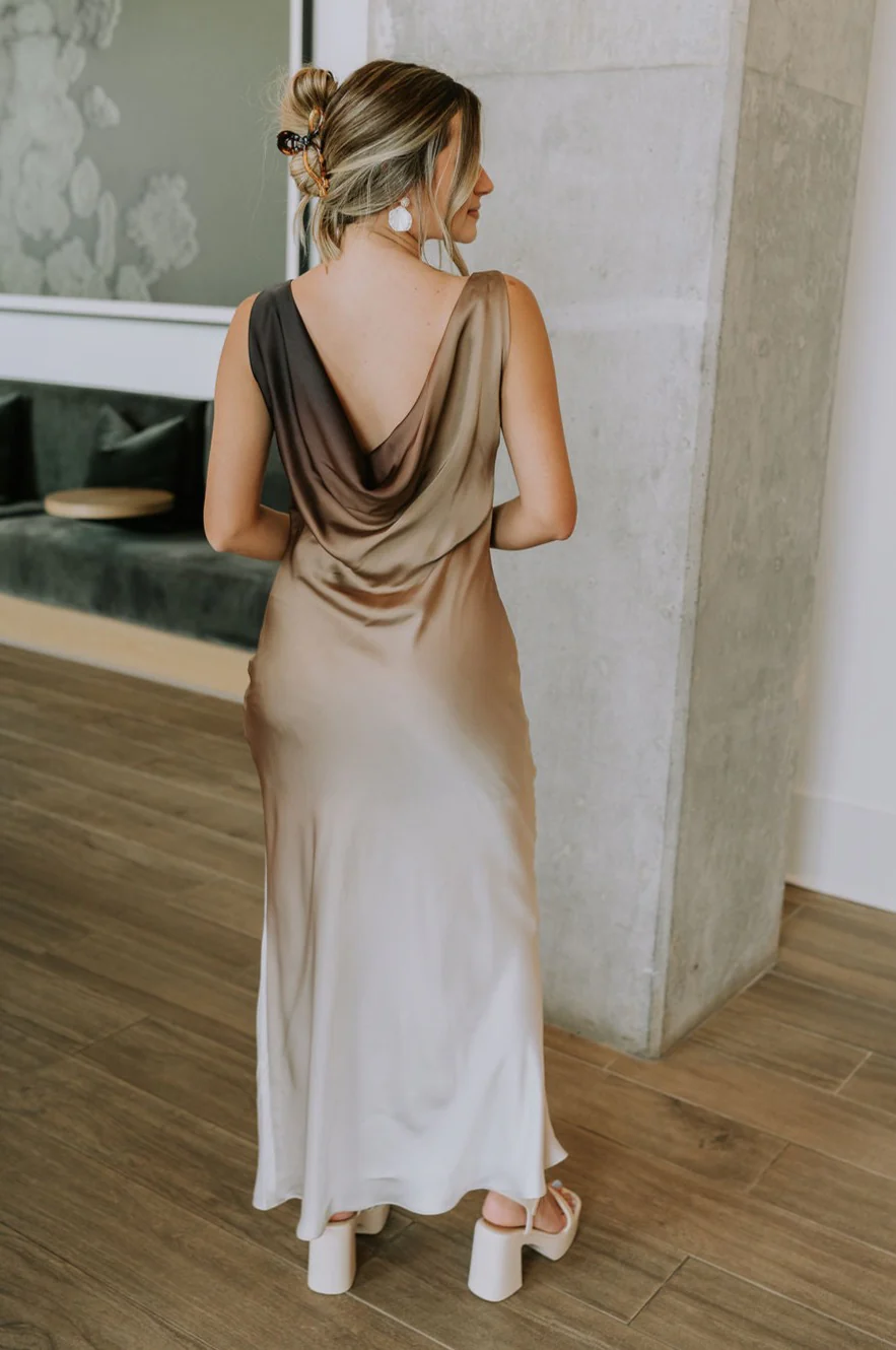 Franceska Taupe Ombre Satin Midi Dress - Image 11