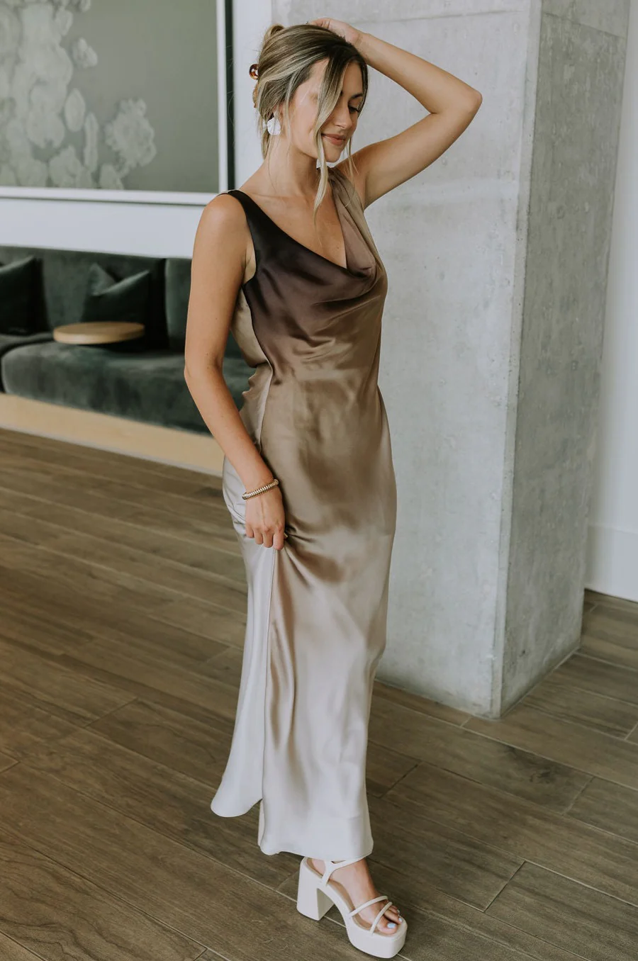 Franceska Taupe Ombre Satin Midi Dress - Image 12