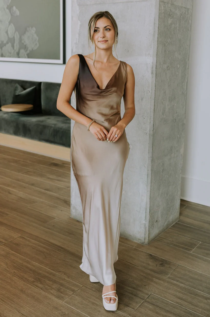 Franceska Taupe Ombre Satin Midi Dress - Image 6