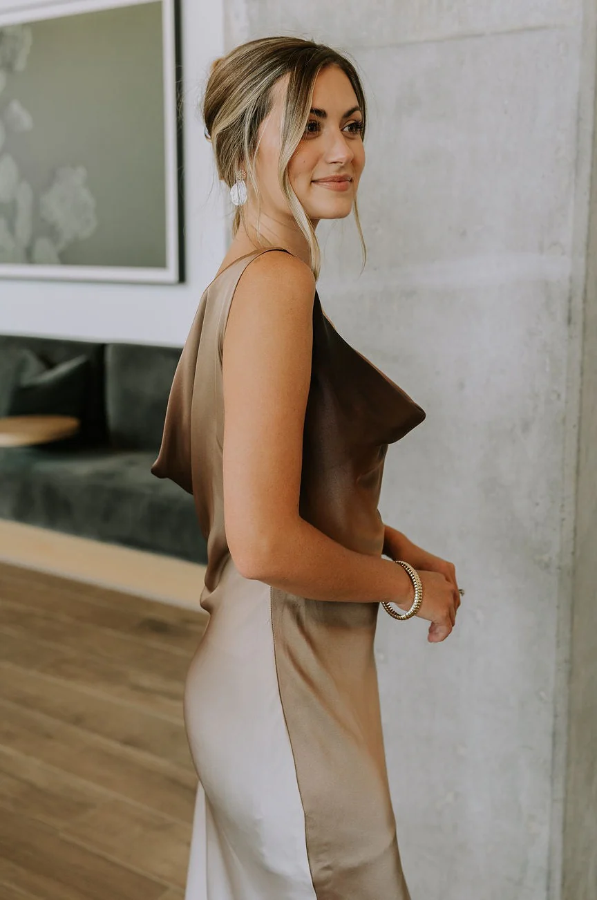 Franceska Taupe Ombre Satin Midi Dress - Image 9