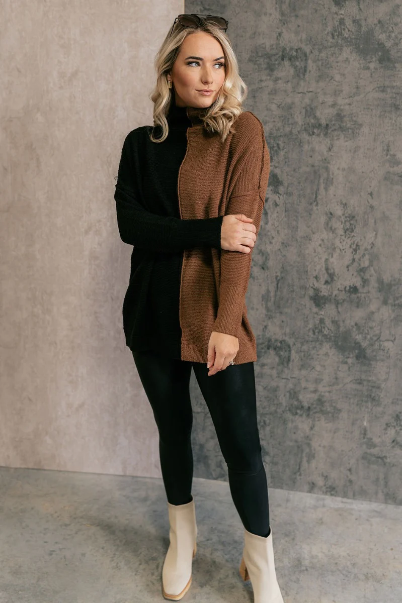Freya Brown & Black Color Block Long Sleeve Sweater