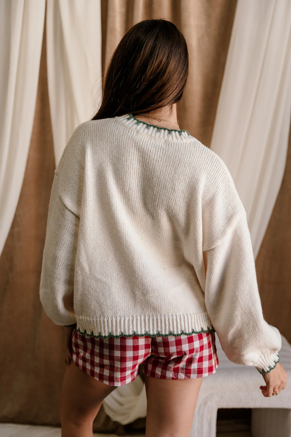 Freya Green & Cream Christmas Tree Stitch Sweater - Image 10