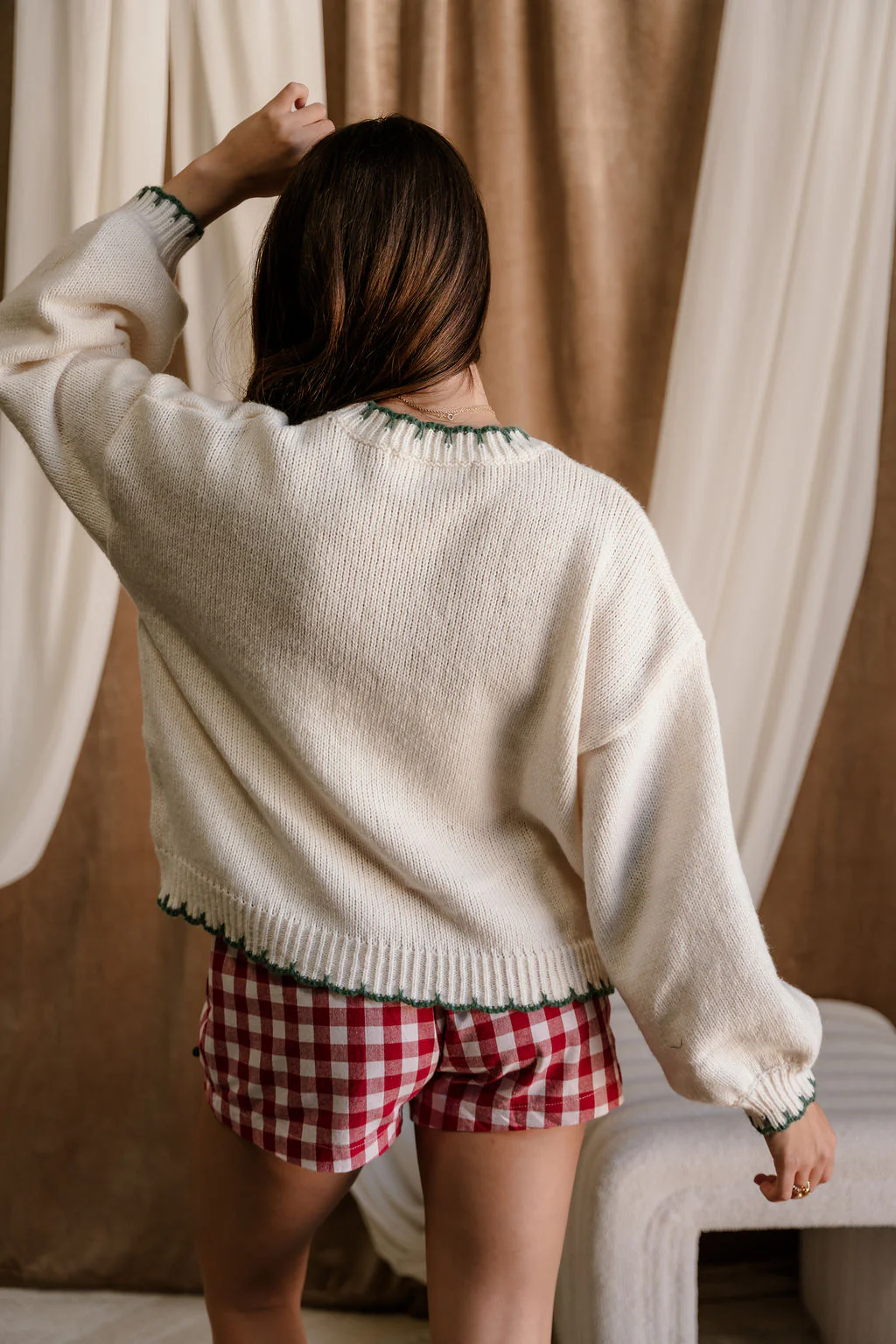 Freya Green & Cream Christmas Tree Stitch Sweater - Image 11