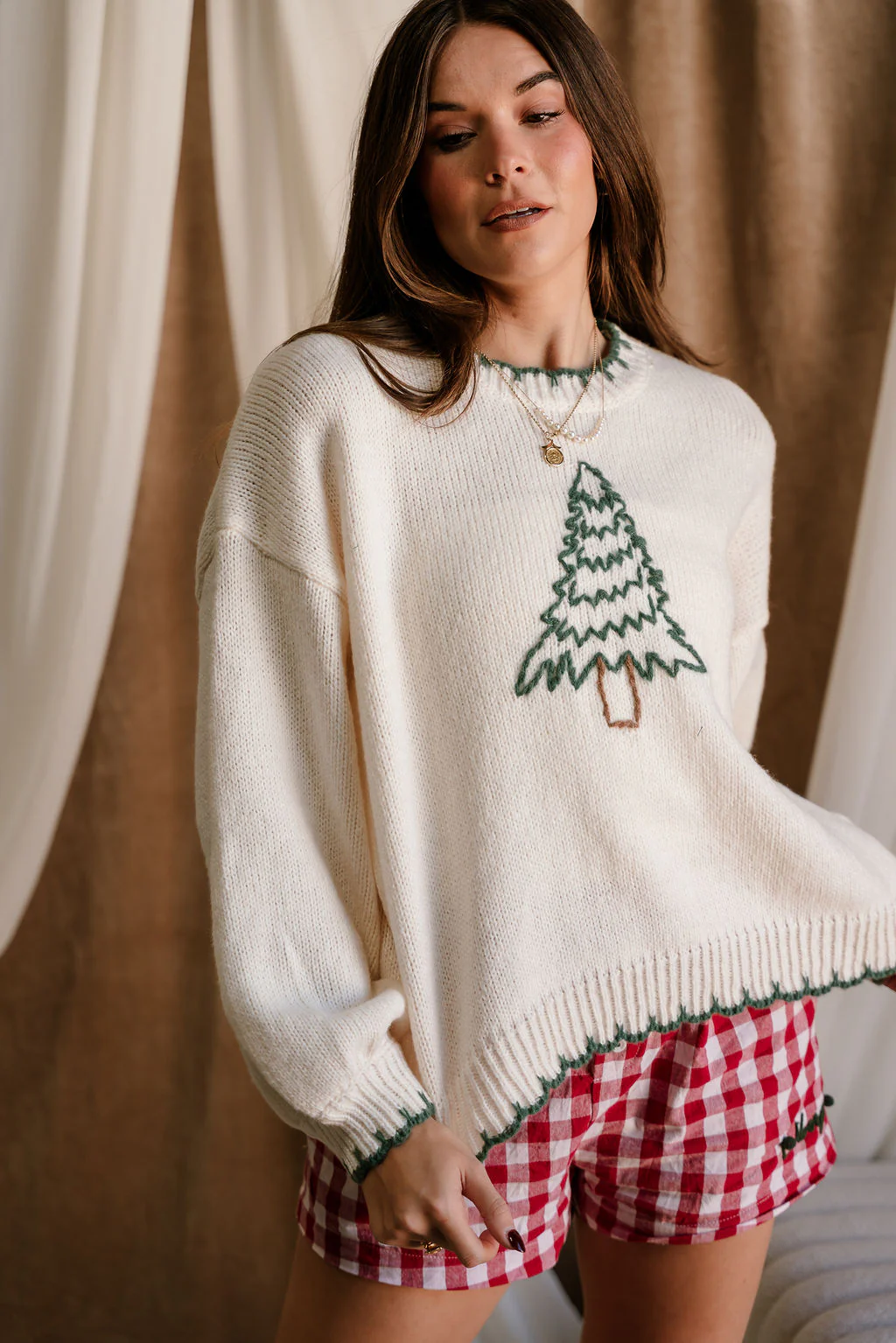 Freya Green & Cream Christmas Tree Stitch Sweater - Image 4