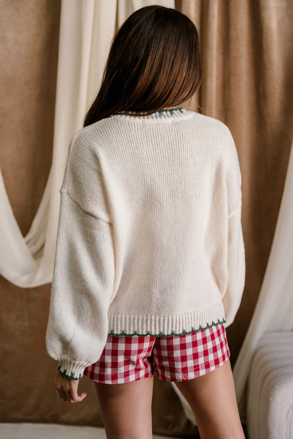 Freya Green & Cream Christmas Tree Stitch Sweater - Image 6