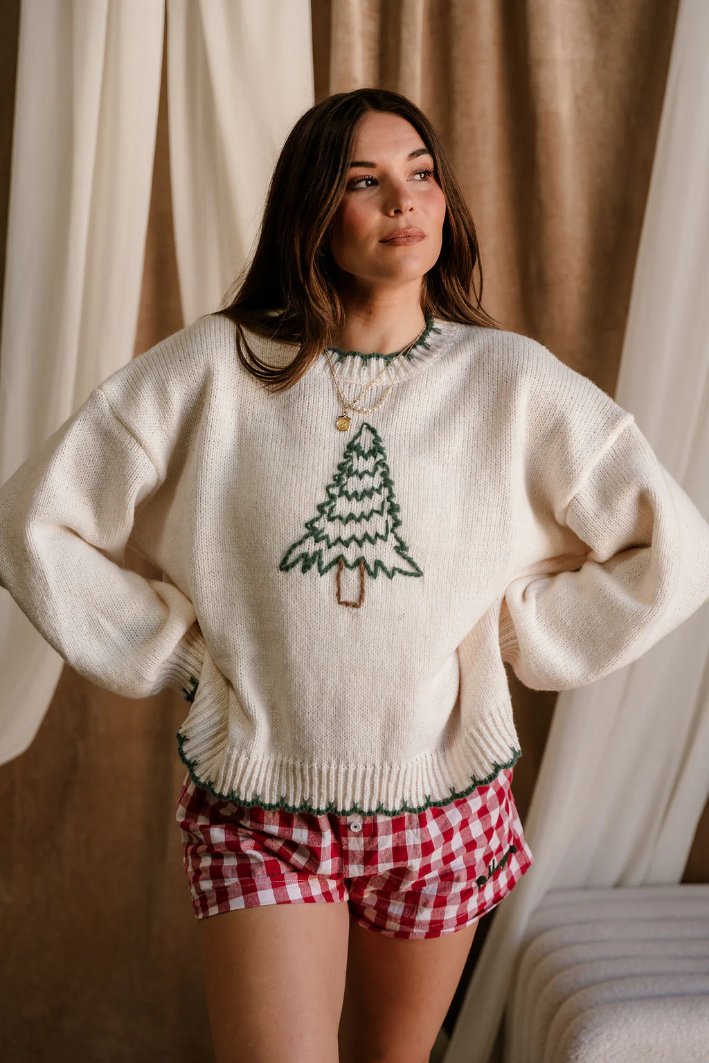 Freya Green & Cream Christmas Tree Stitch Sweater - Image 7
