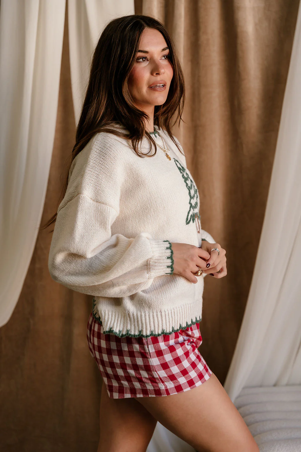 Freya Green & Cream Christmas Tree Stitch Sweater - Image 9