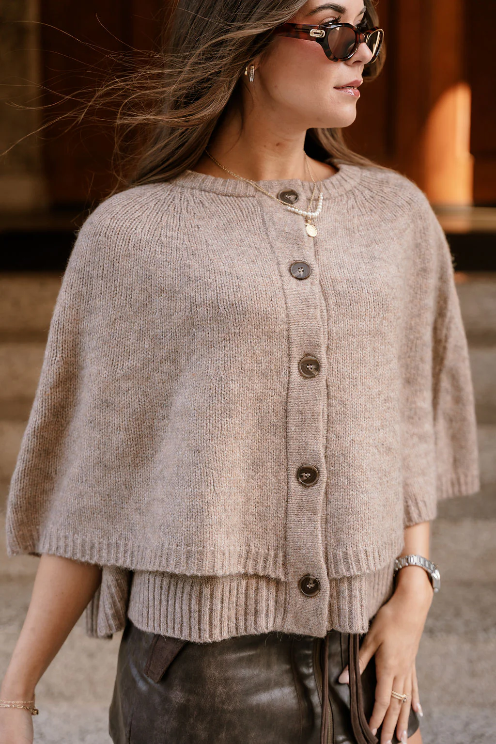 Freya Taupe Knit Cape Cardigan - Image 6
