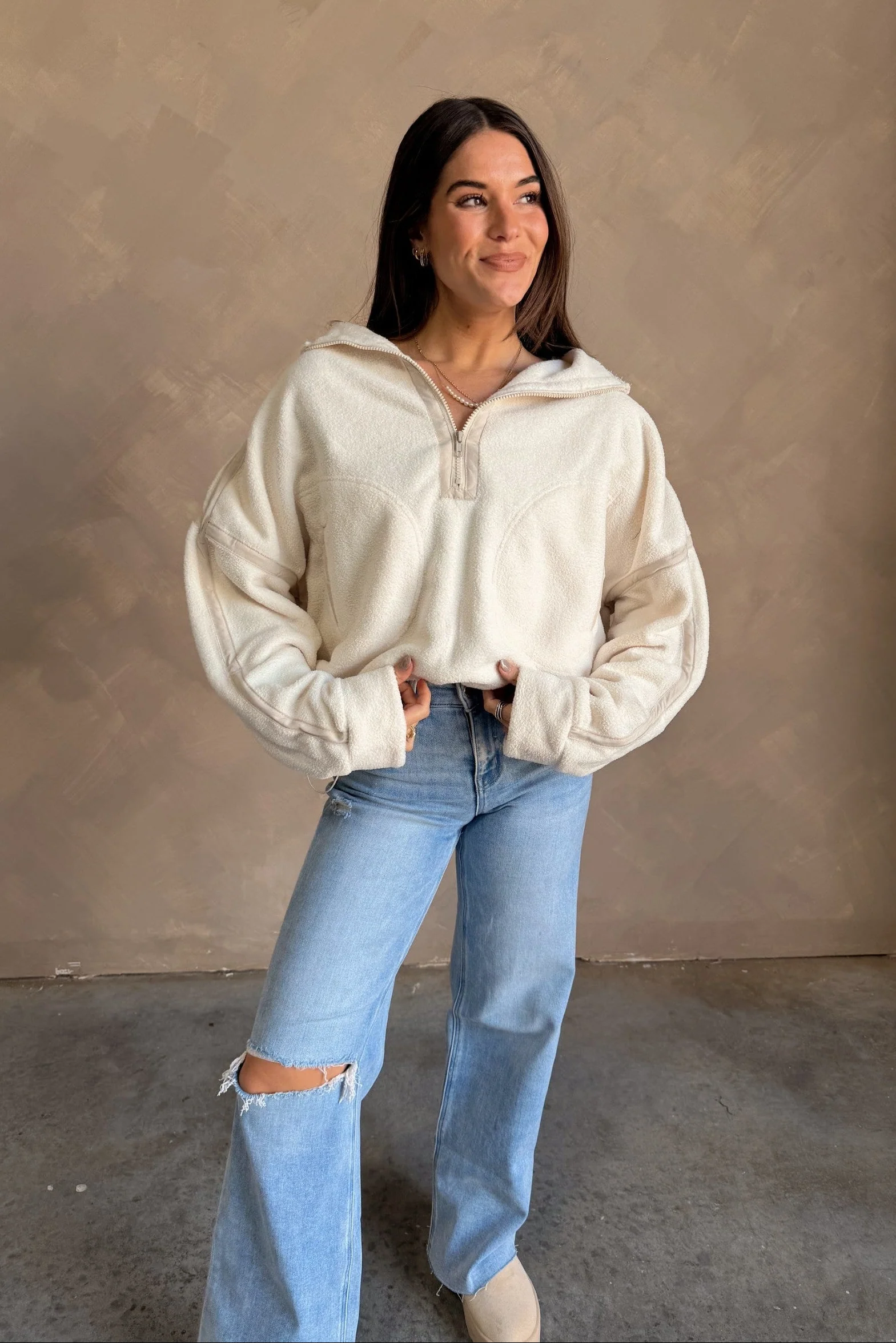 Gia Ivory & Beige Quarter Zip Pullover - Image 3