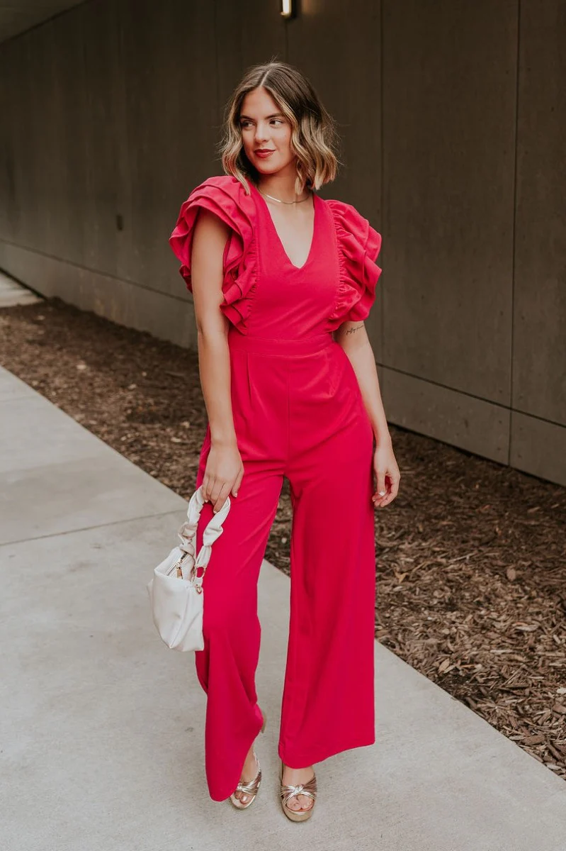 Giana Hot Pink Wide Leg Ruffle Jumpsuit - Image 2
