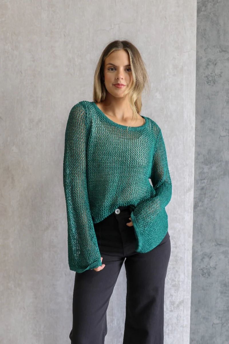 Giana Metallic Emerald Open-Knit Sweater - Image 5