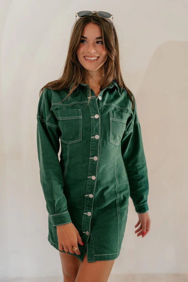 Gianna Dark Green Button Front Dress - Image 2