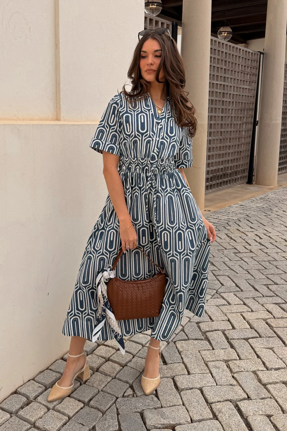 Gina Navy & White Printed Midi Dress