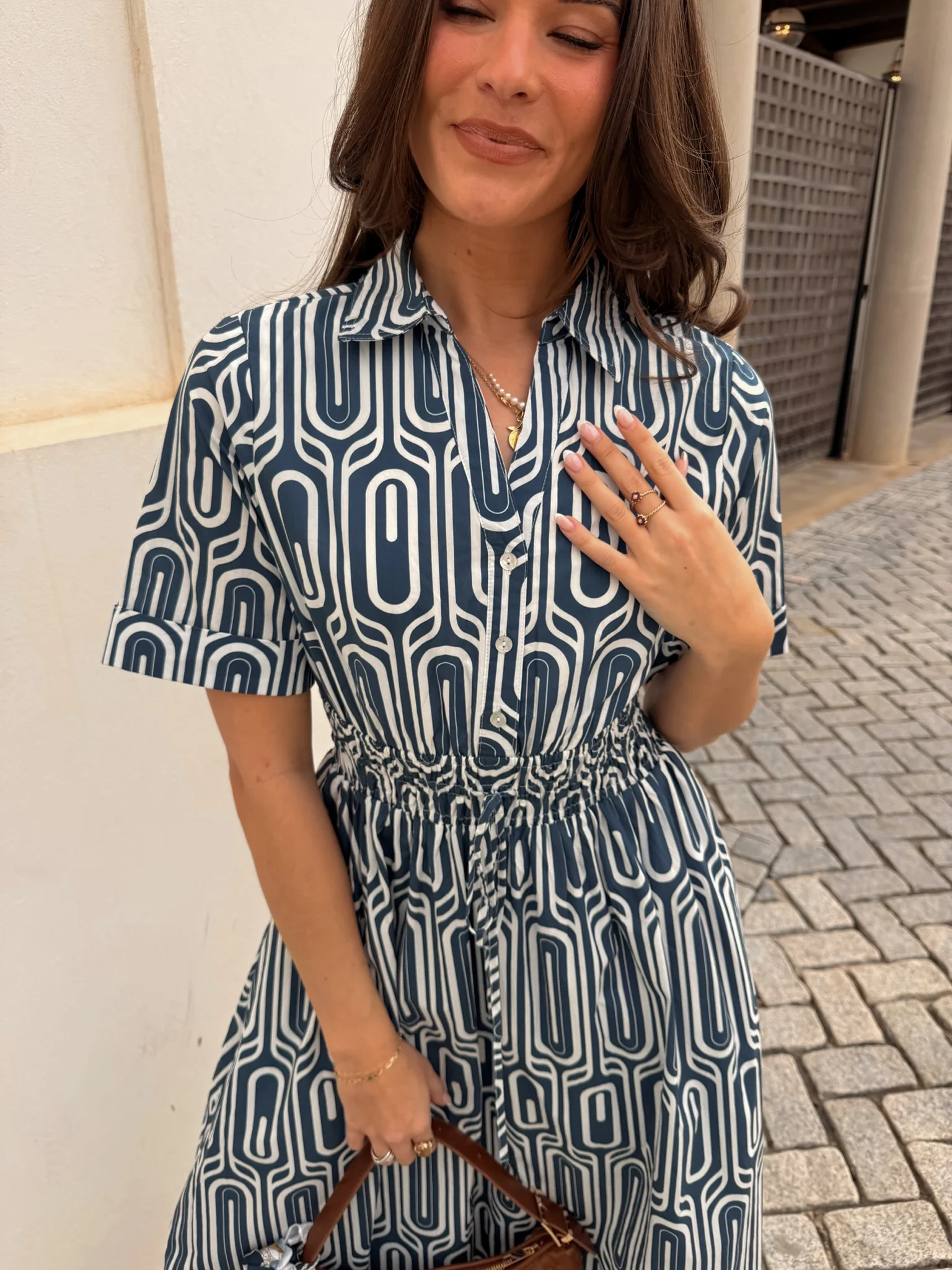 Gina Navy & White Printed Midi Dress - Image 2