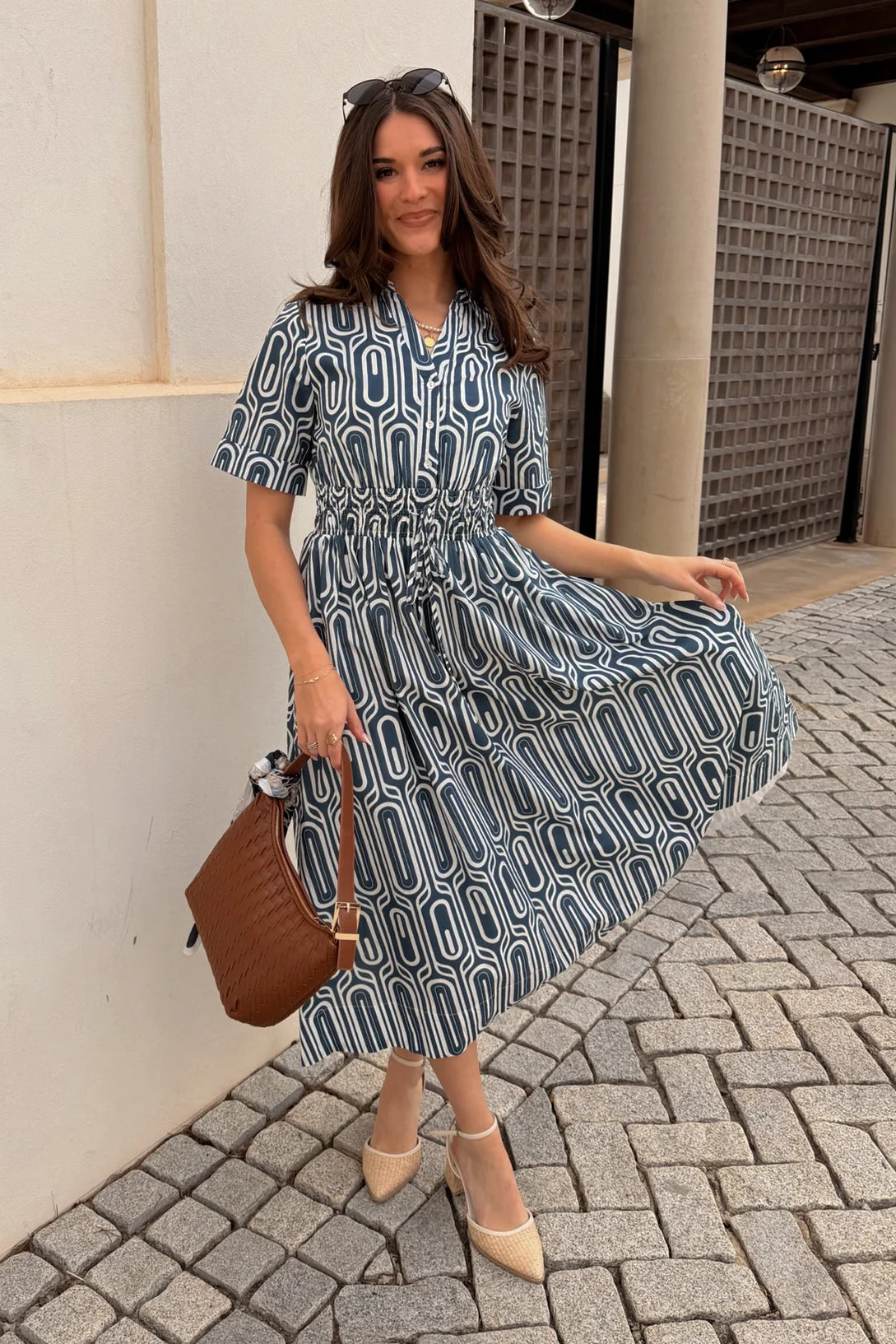 Gina Navy & White Printed Midi Dress - Image 3