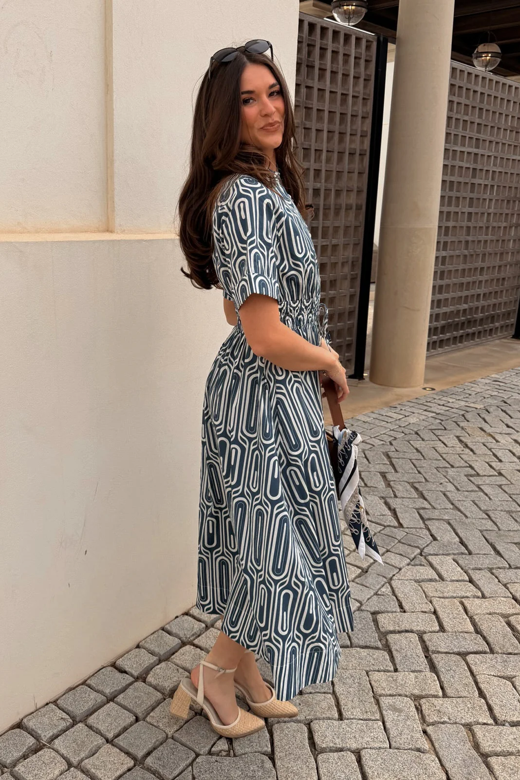 Gina Navy & White Printed Midi Dress - Image 4