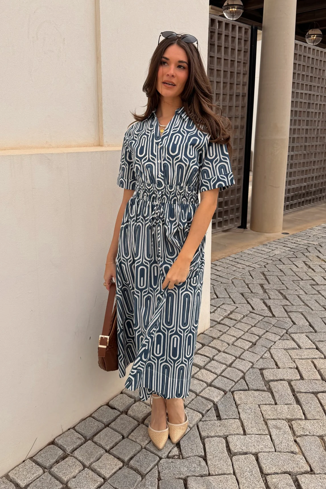 Gina Navy & White Printed Midi Dress - Image 8
