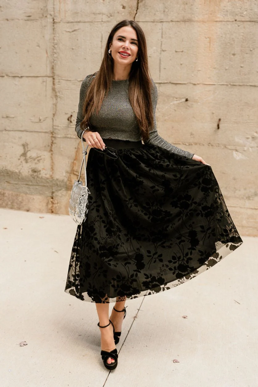 Giselle Black Velvet Floral Midi Skirt - Image 5