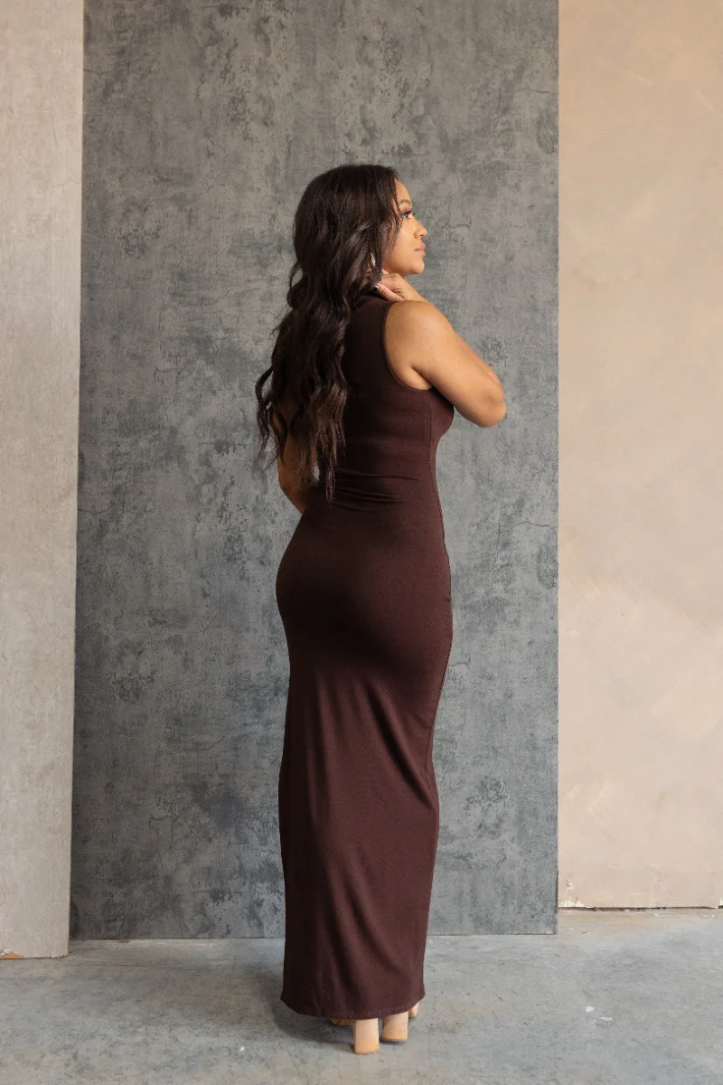 Giselle Dark Brown Sleeveless Knit Maxi Dress - Image 3