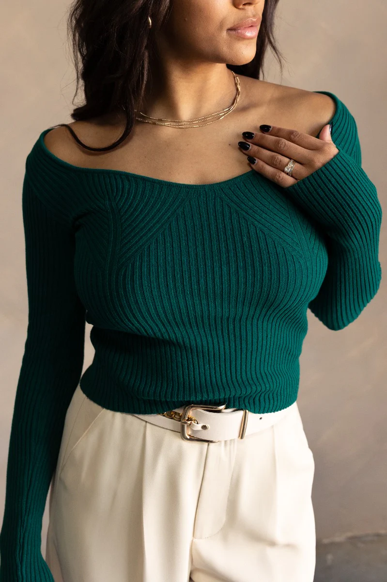 Grace Pine Green Ribbed Long Sleeve Top - Image 4