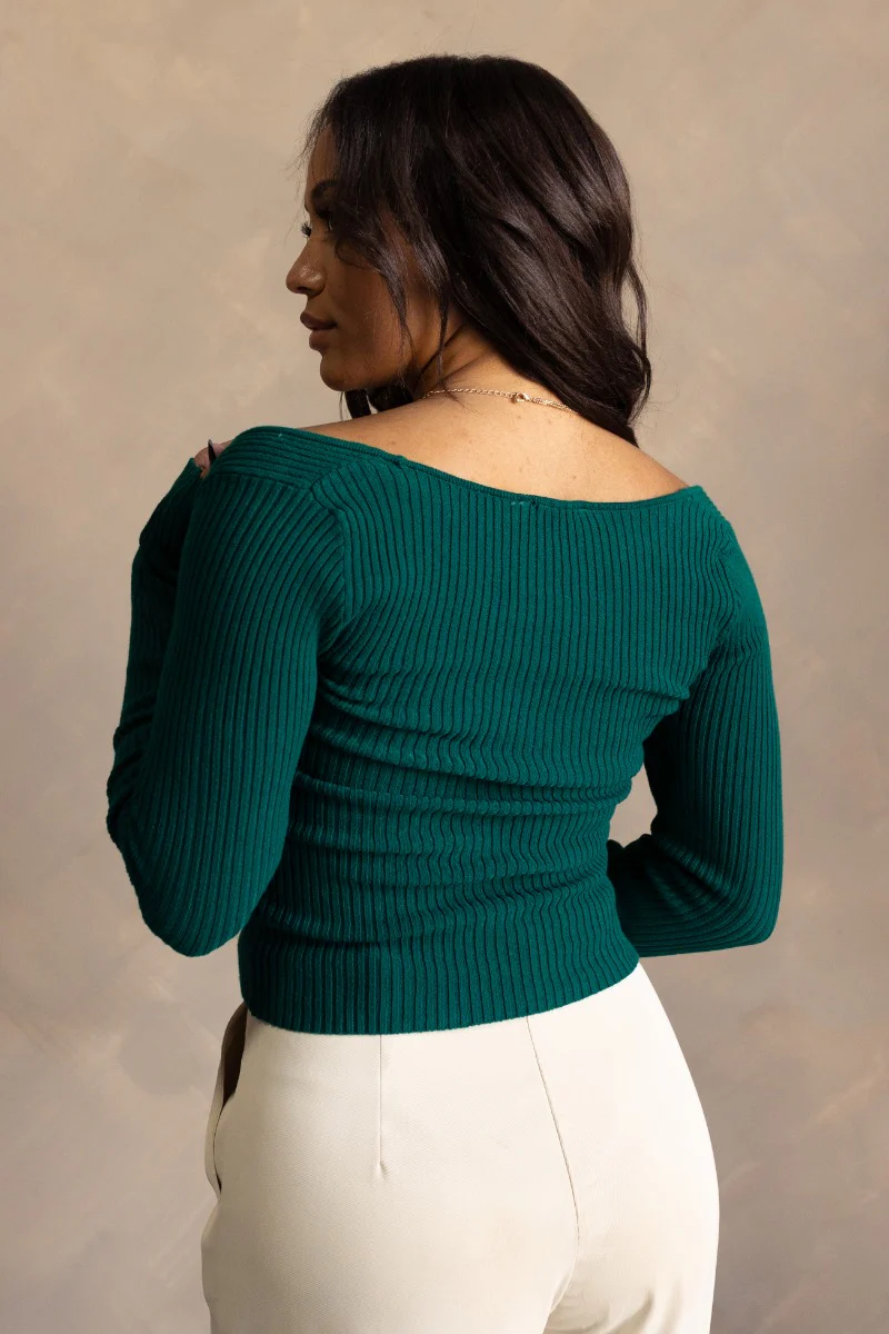 Grace Pine Green Ribbed Long Sleeve Top - Image 5