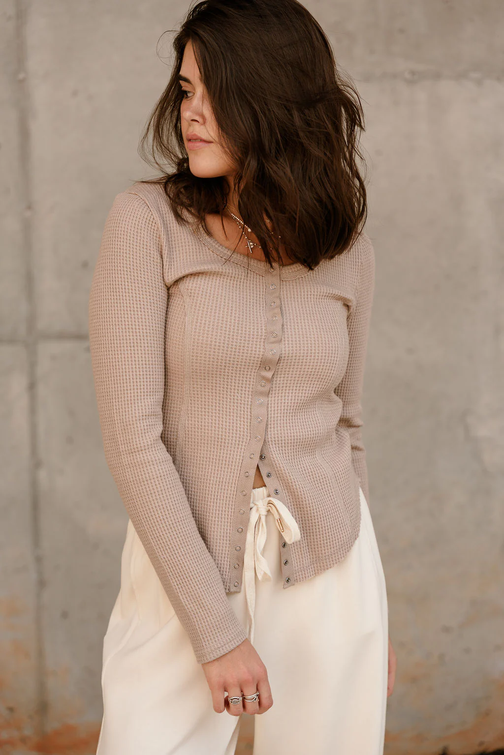Greta Mocha Waffle Knit Long Sleeve Top