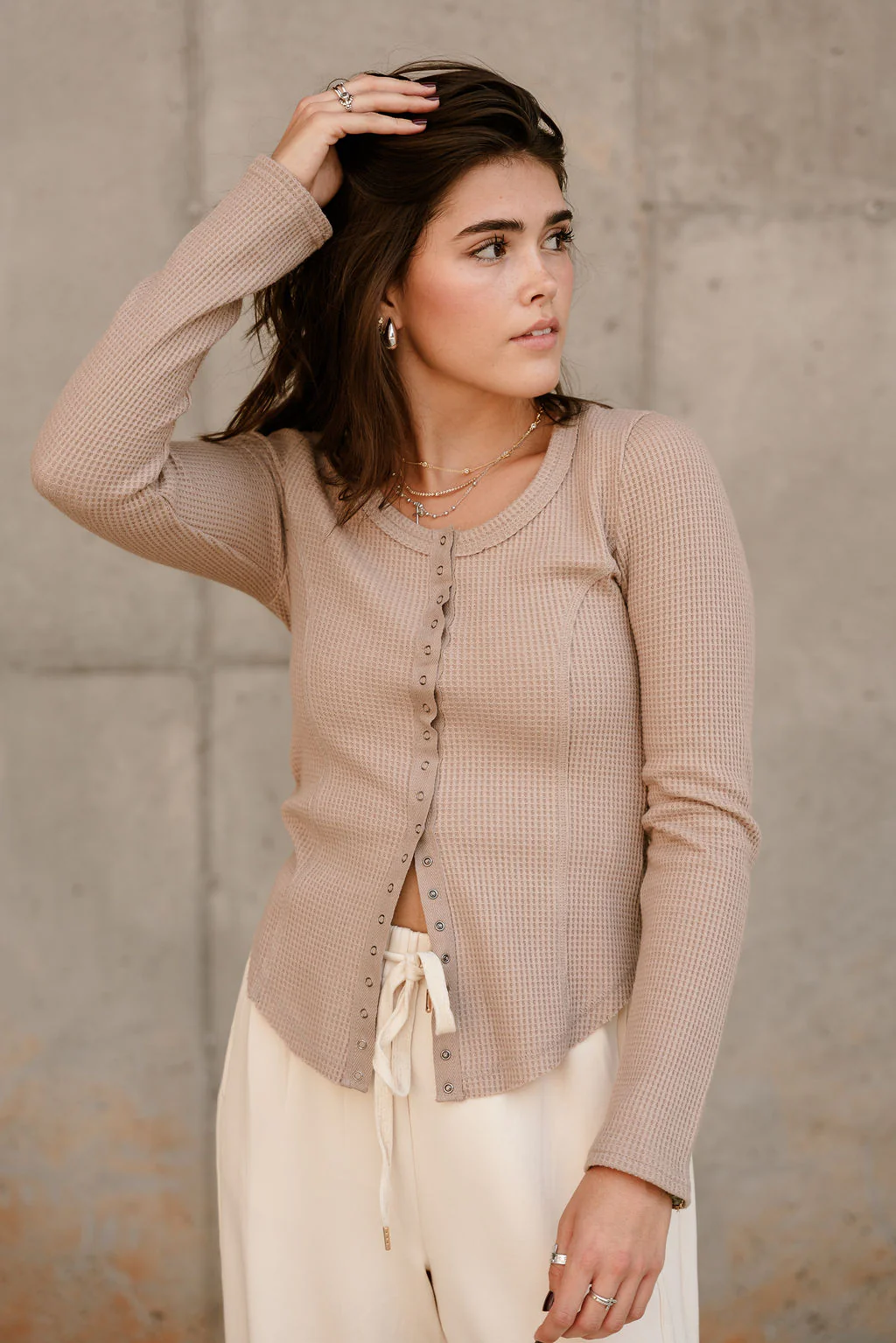 Greta Mocha Waffle Knit Long Sleeve Top - Image 2