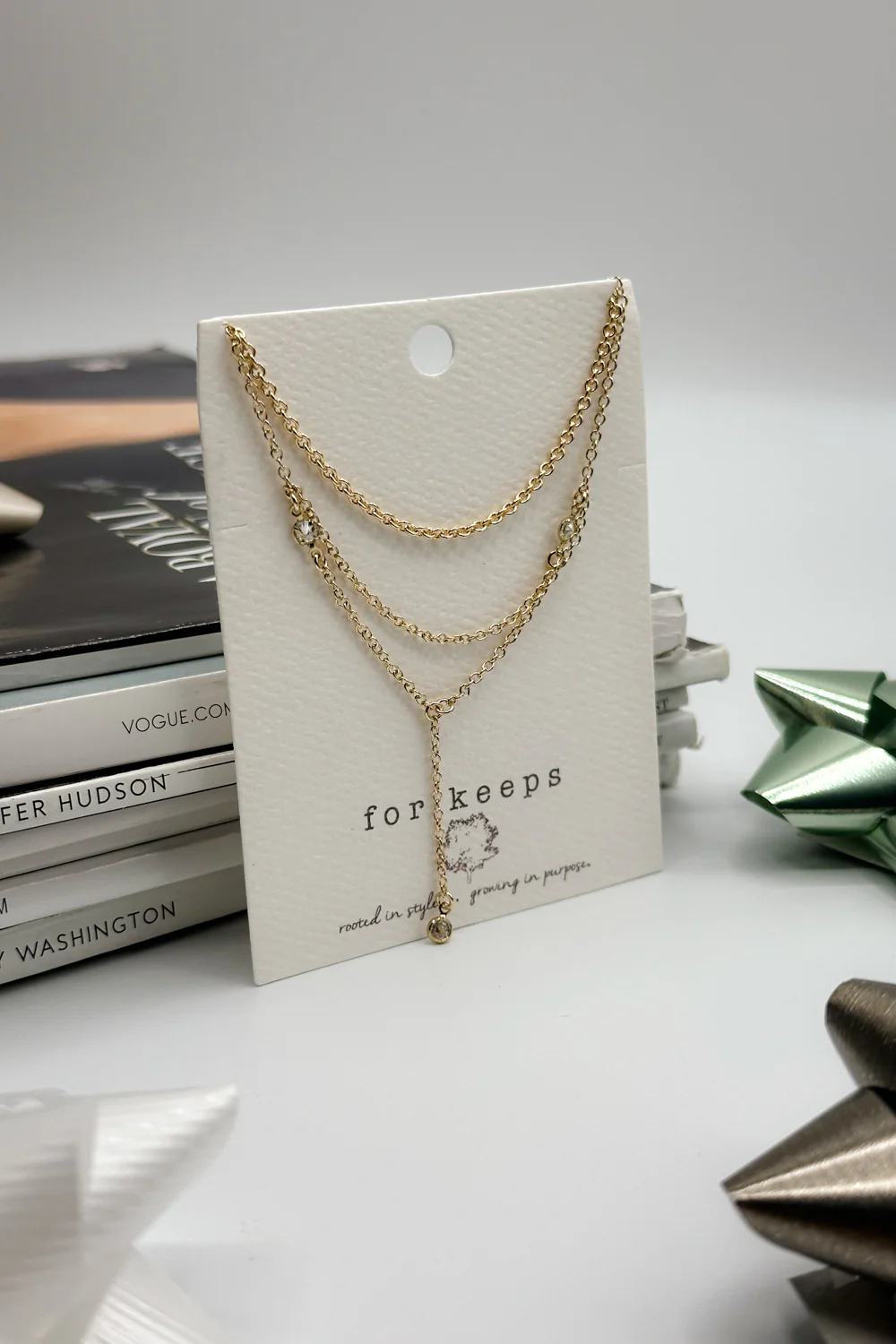 Gwen Triple Gold Chain & Small Clear Stones Necklace - Image 2