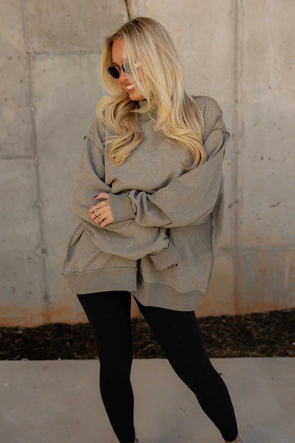 Hadley Olive Green Mock Neck Mineral Wash Sweatshirt - Image 2