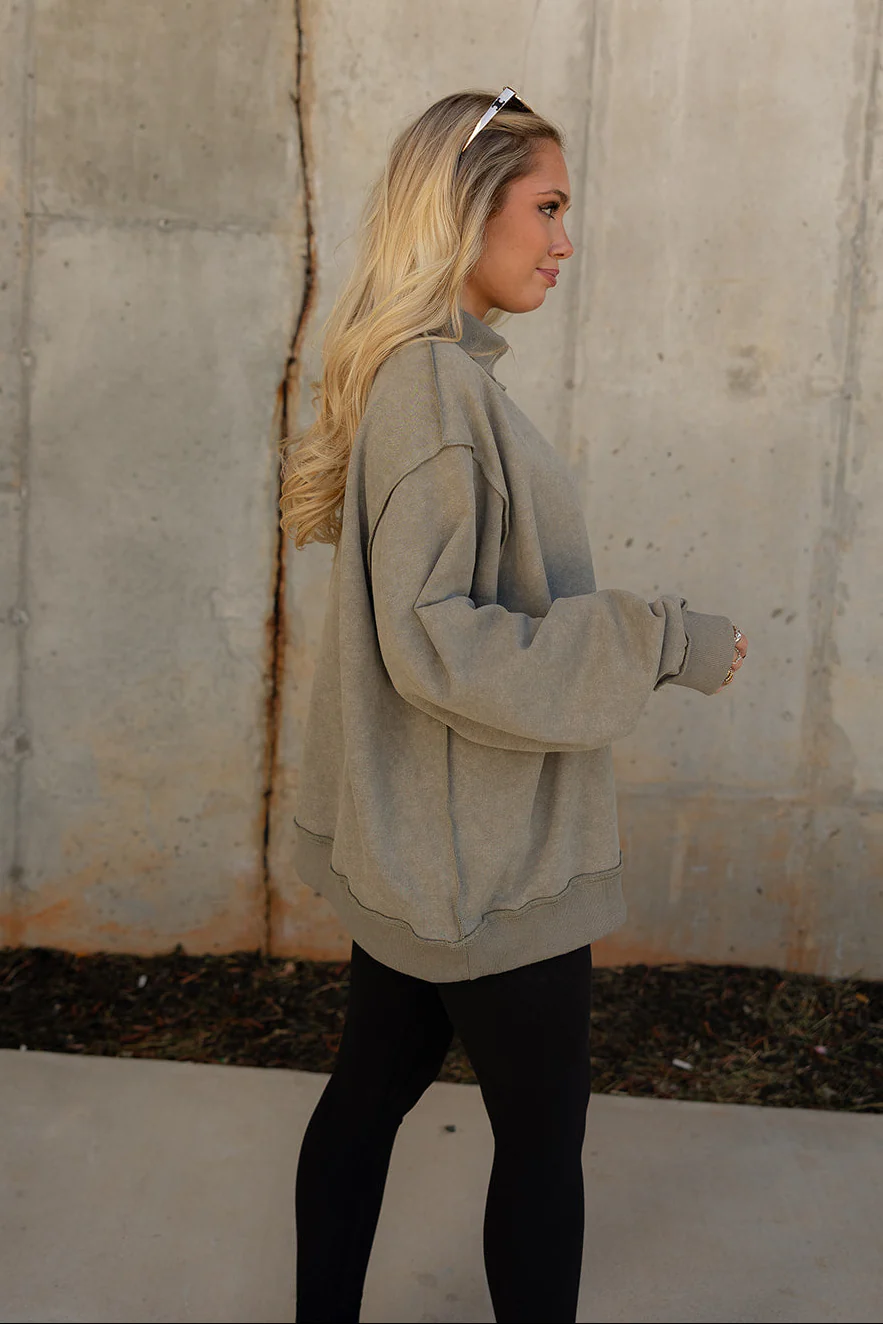 Hadley Olive Green Mock Neck Mineral Wash Sweatshirt - Image 3