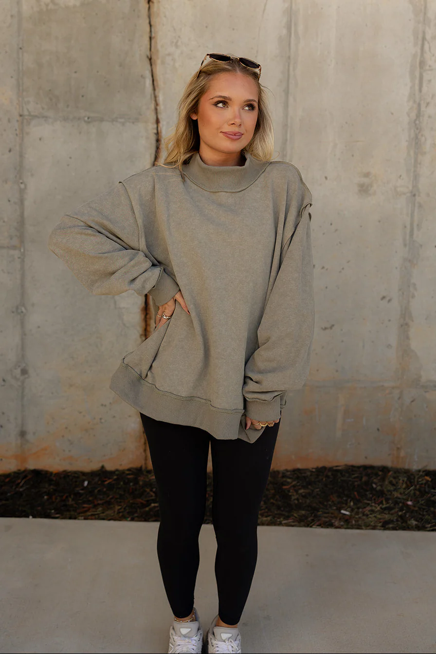 Hadley Olive Green Mock Neck Mineral Wash Sweatshirt - Image 5