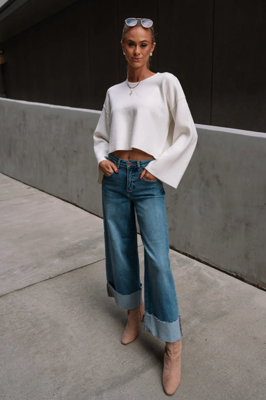 Haisley White Long Flare Sleeve Sweater - Image 2