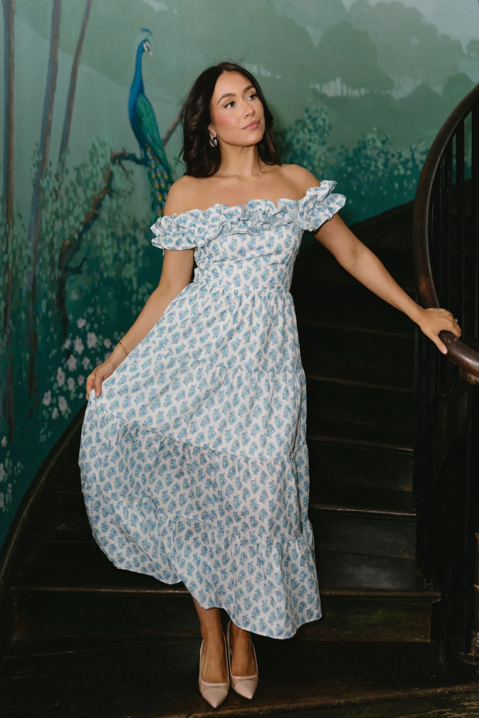 Harper Blue & White Floral Midi Dress