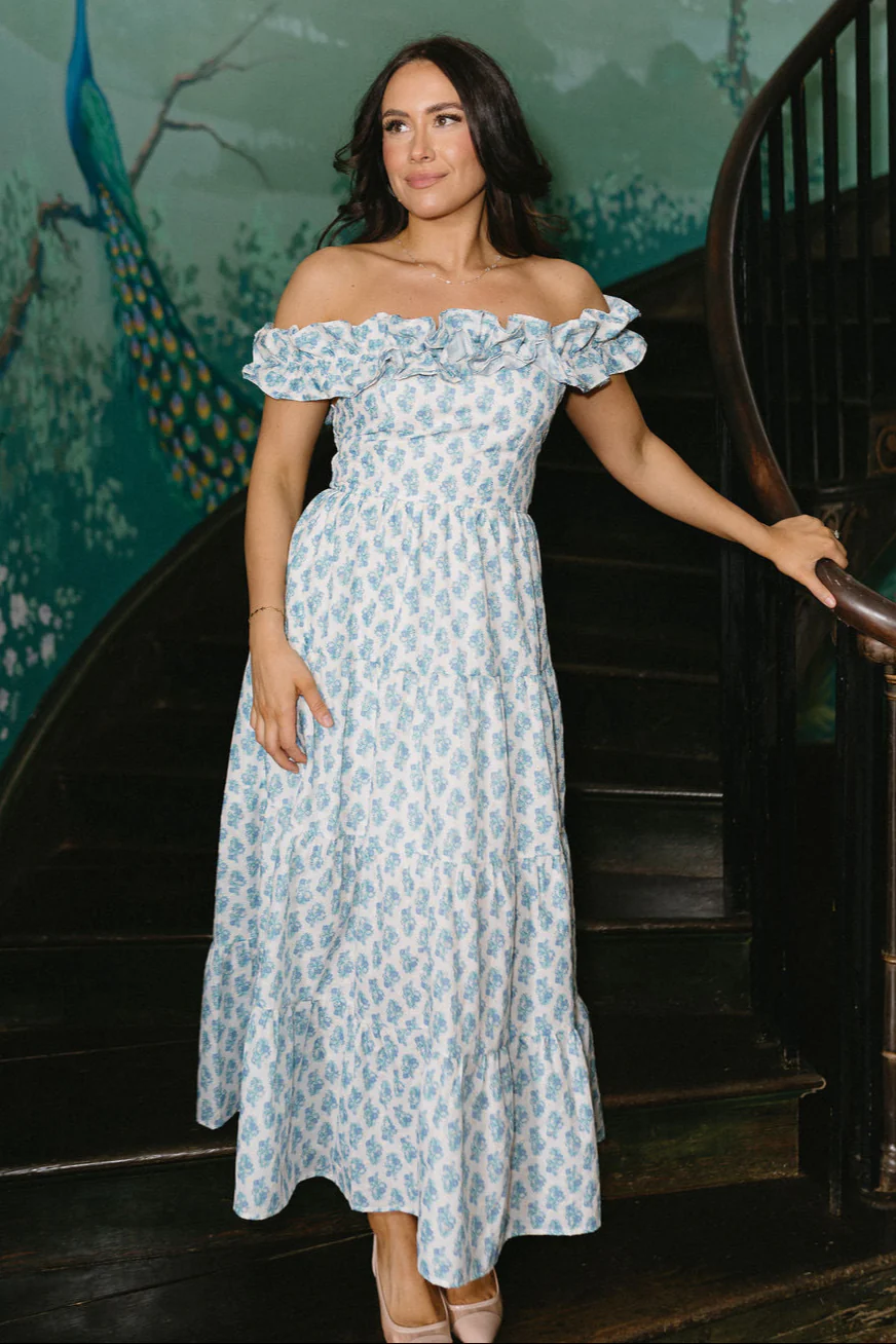 Harper Blue & White Floral Midi Dress - Image 3