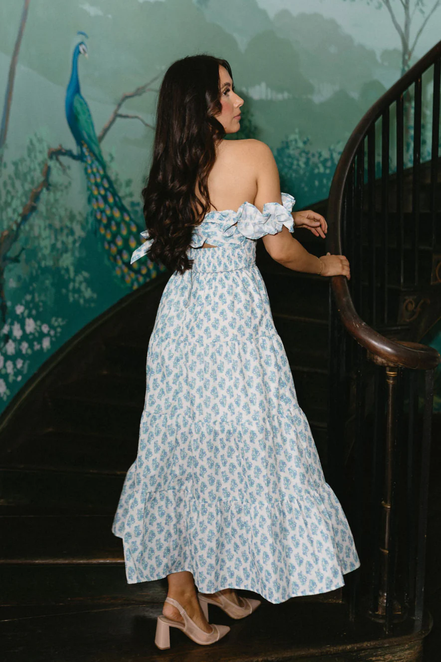 Harper Blue & White Floral Midi Dress - Image 5
