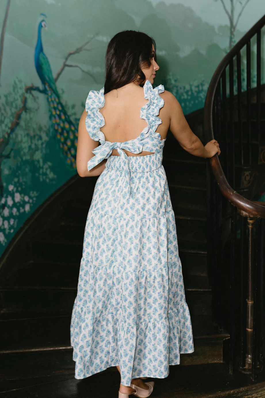 Harper Blue & White Floral Midi Dress - Image 8