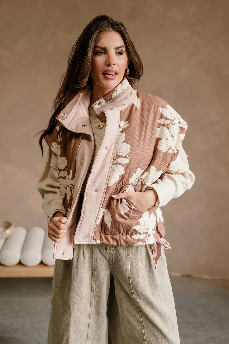 Harper Taupe & Dusty Pink Floral Vest - Image 3