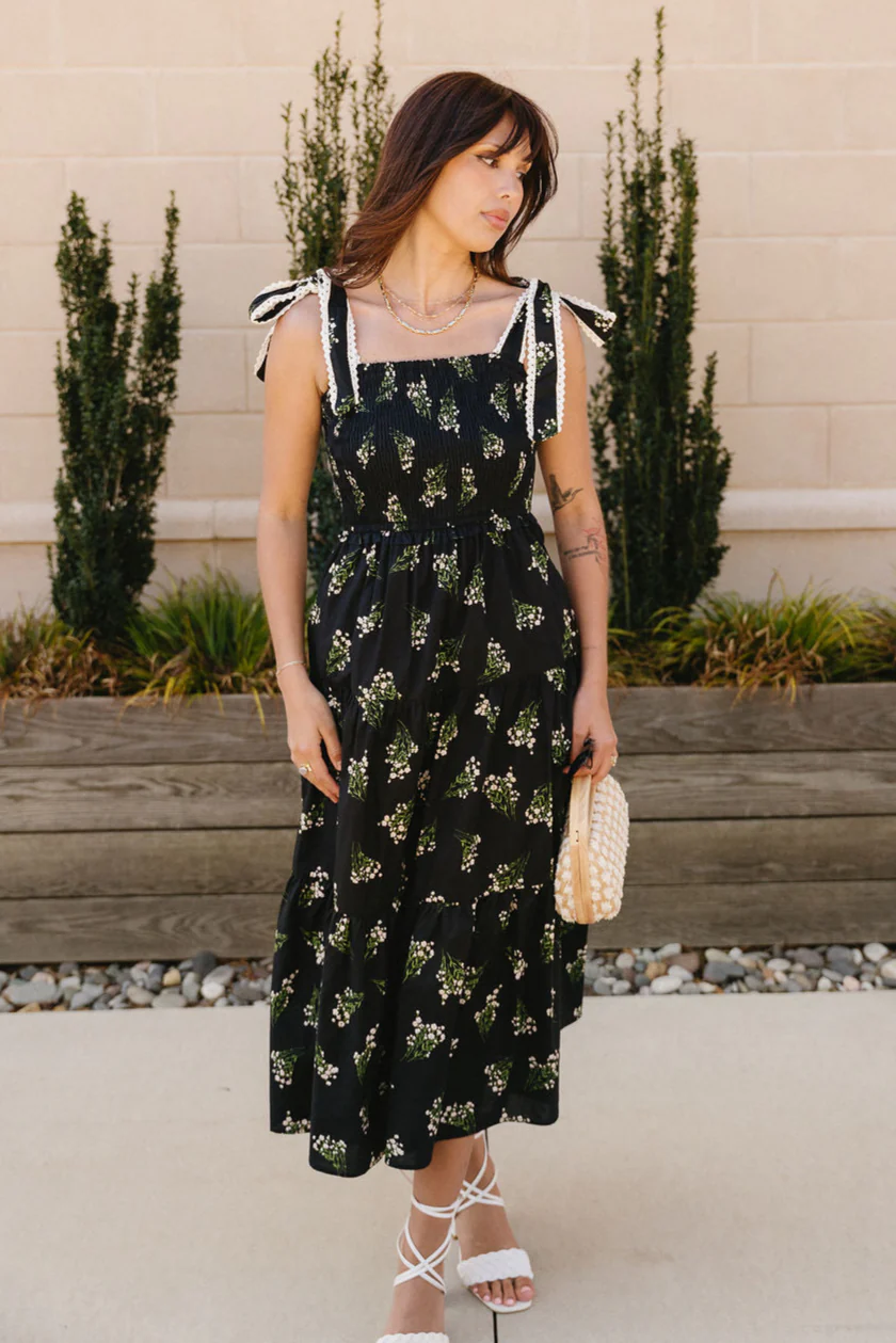 Heather Black Floral Tie Strap Midi Dress