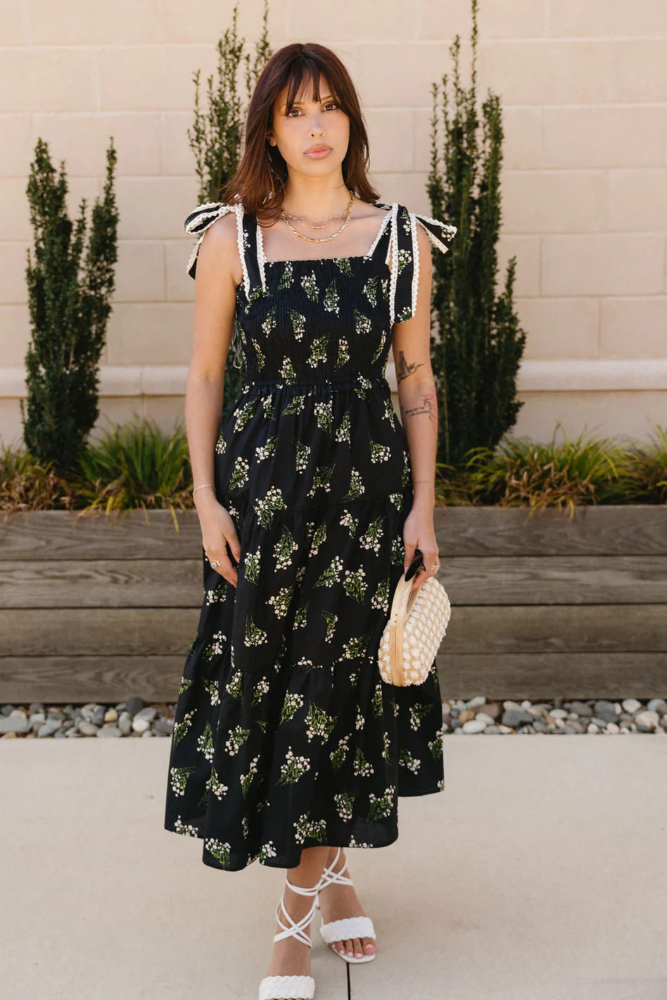 Heather Black Floral Tie Strap Midi Dress - Image 2