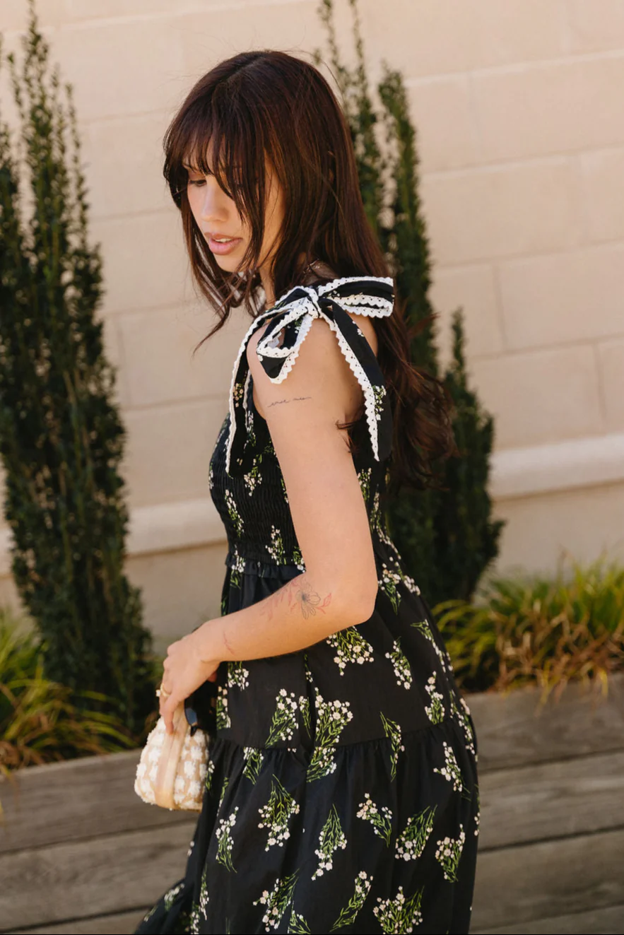 Heather Black Floral Tie Strap Midi Dress - Image 5