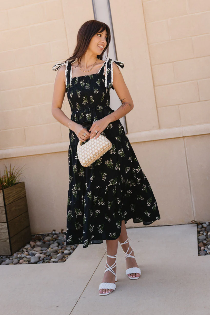 Heather Black Floral Tie Strap Midi Dress - Image 6