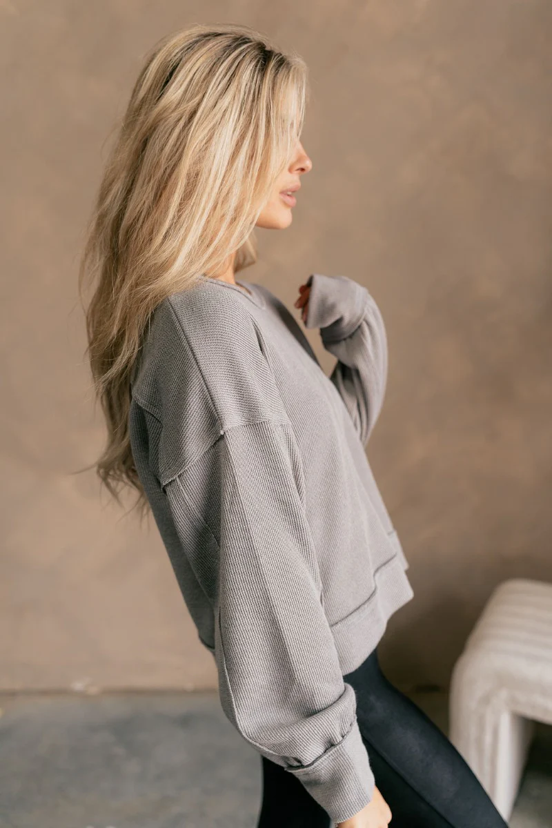 Heather Ribbed Long Sleeve Top in Grey - Image 4