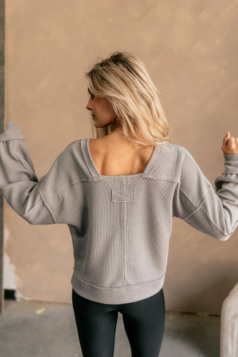 Heather Ribbed Long Sleeve Top in Grey - Image 5