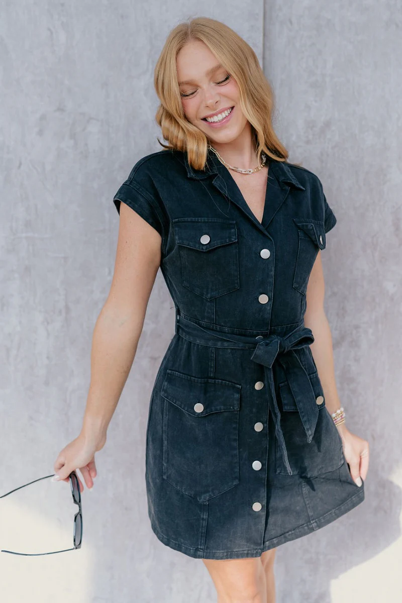 Helena Black Button-Up Short Sleeve Dress - Image 5