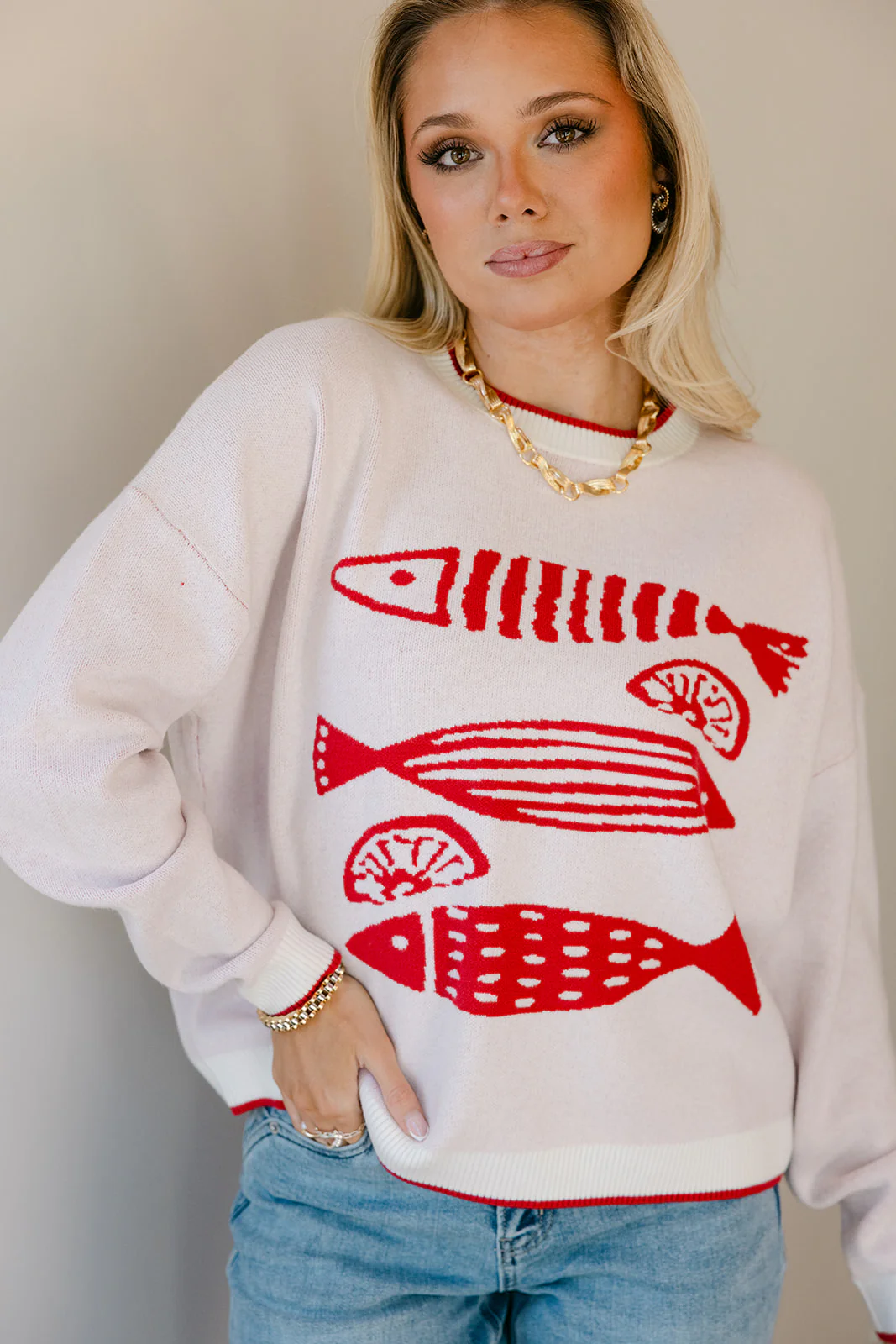 Holly Red & Ivory Fish Stitch Sweater - Image 2