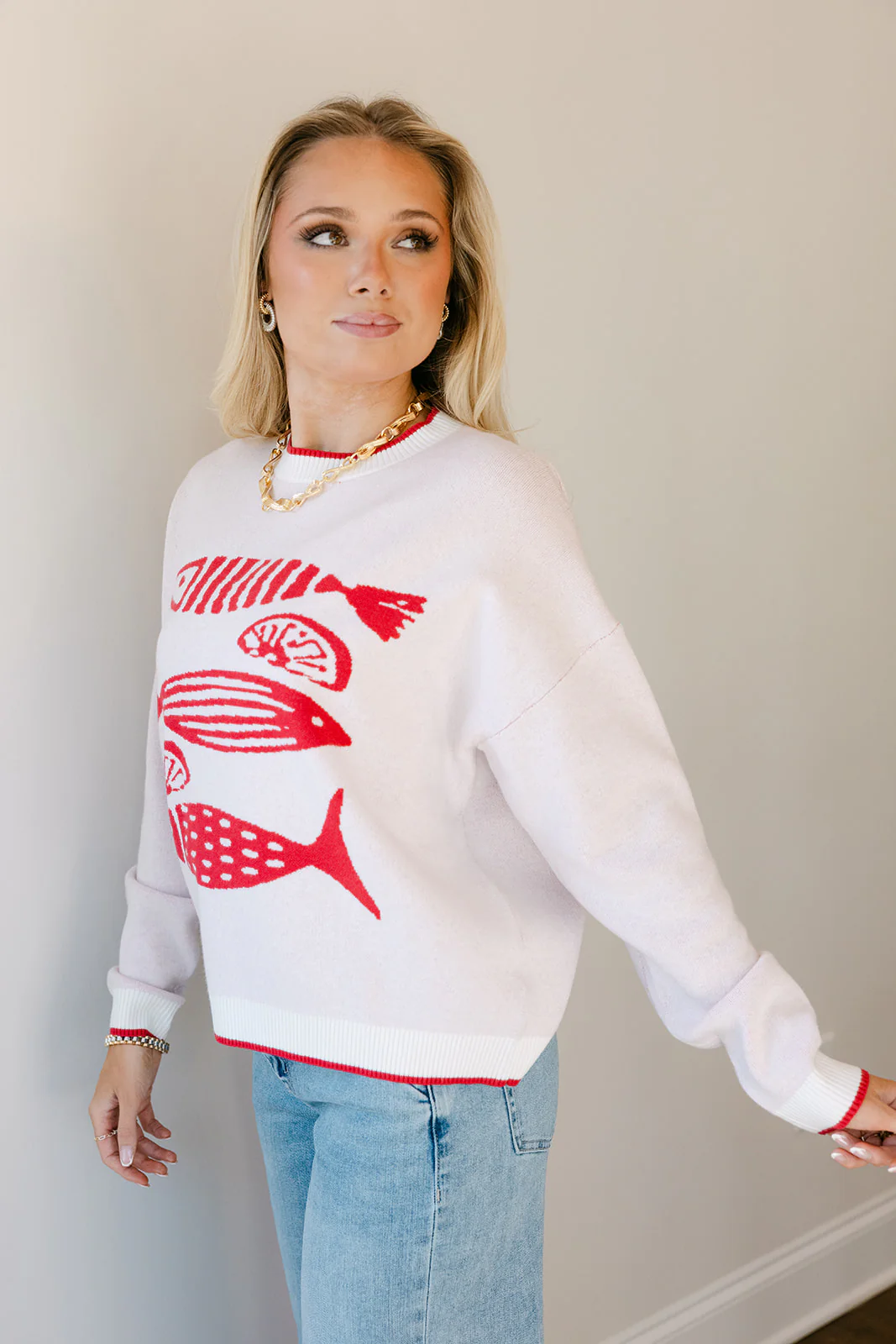 Holly Red & Ivory Fish Stitch Sweater - Image 3