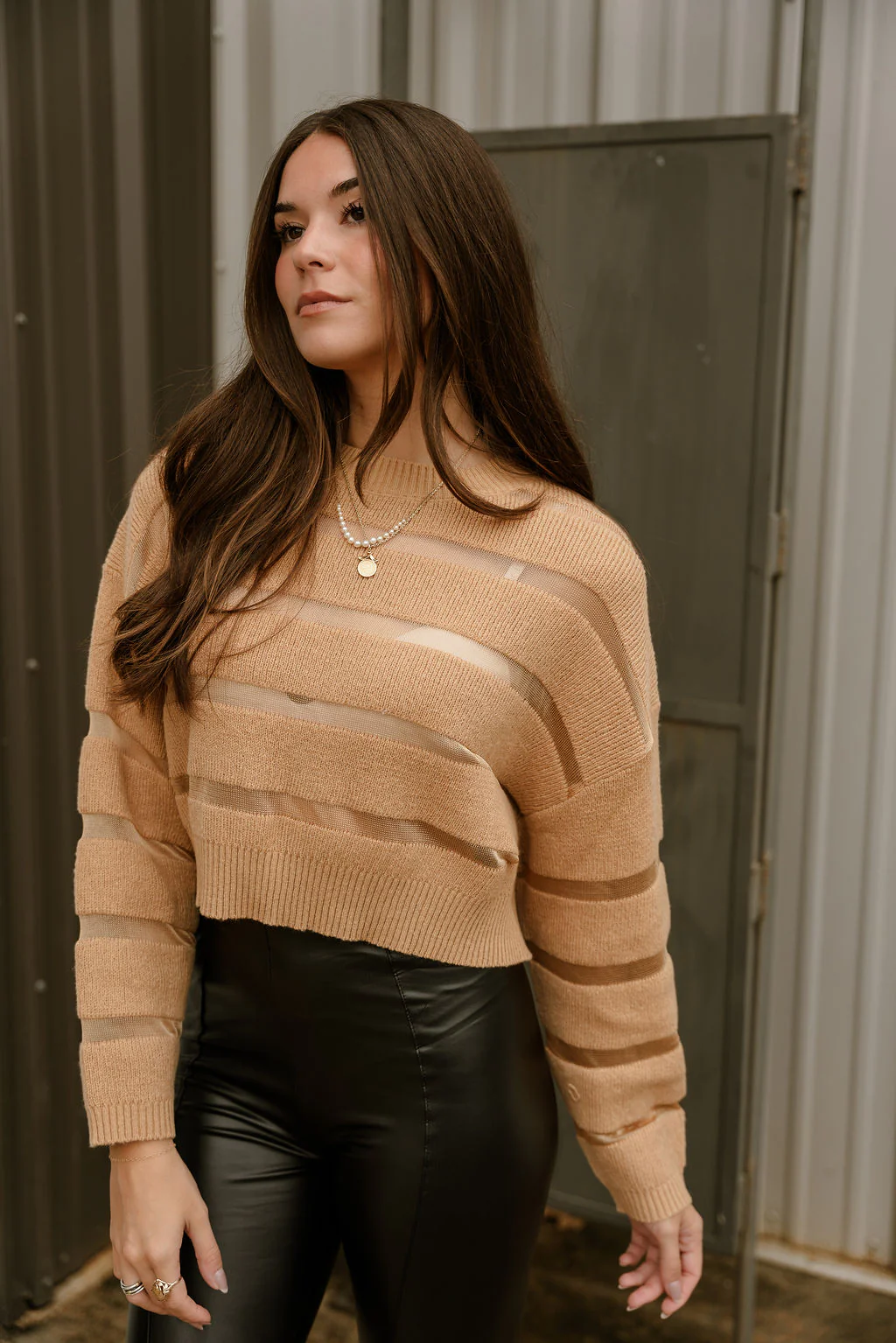 Camile Camel Mesh Stripe Knit Sweater - Image 2