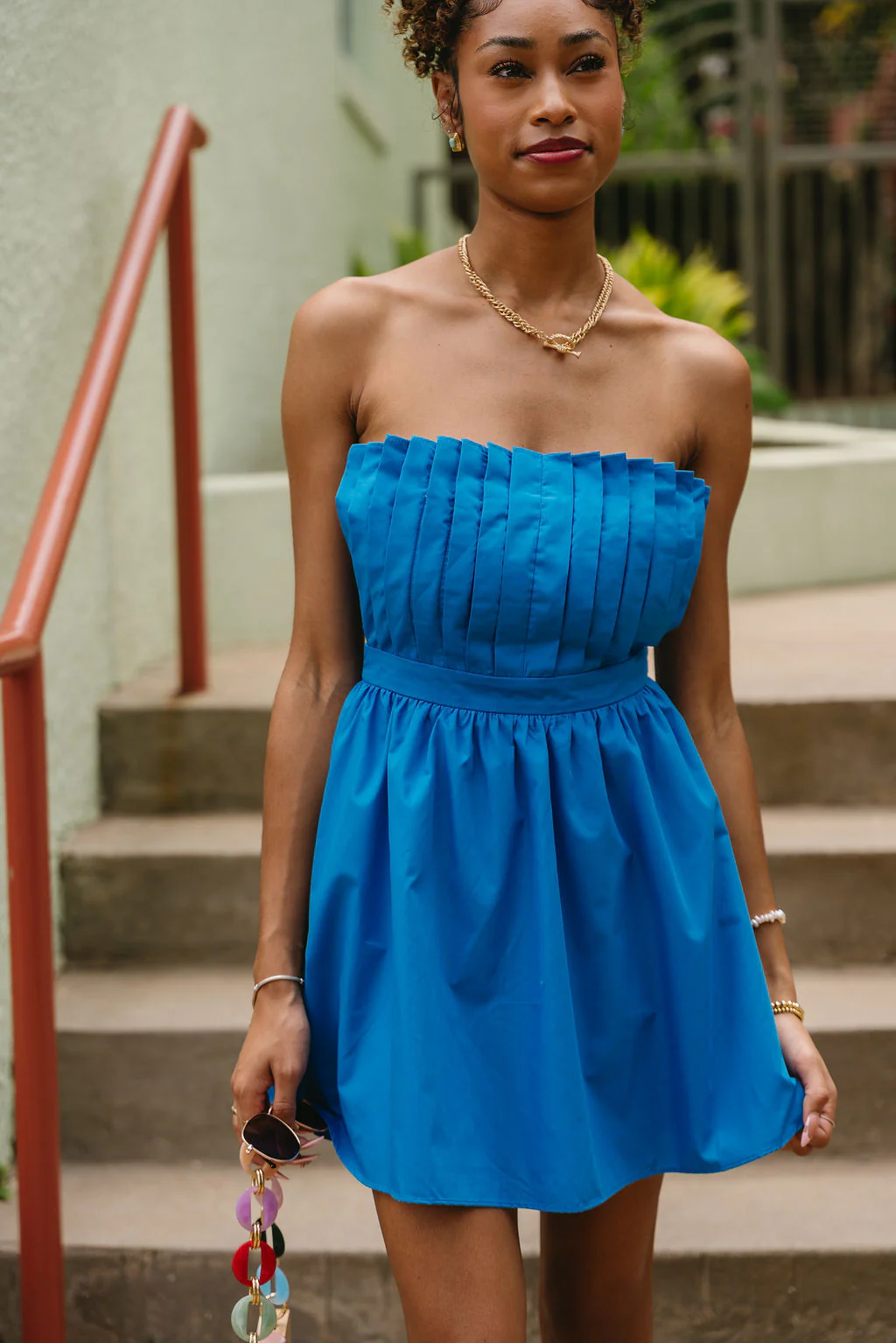 Ilianna Blue Pleated Strapless Mini Dress - Image 4