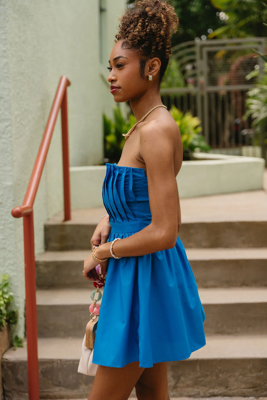 Ilianna Blue Pleated Strapless Mini Dress - Image 5
