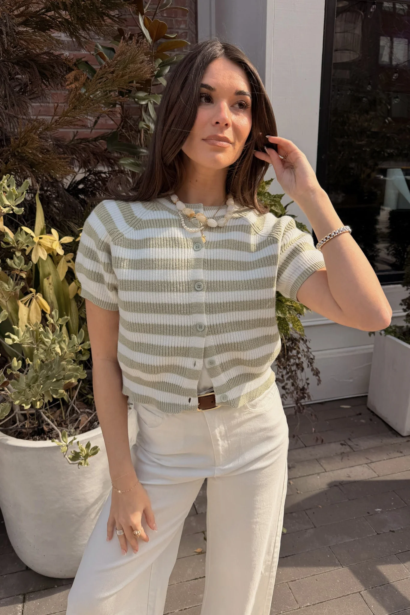 Imogene Sage & White Striped Cardigan